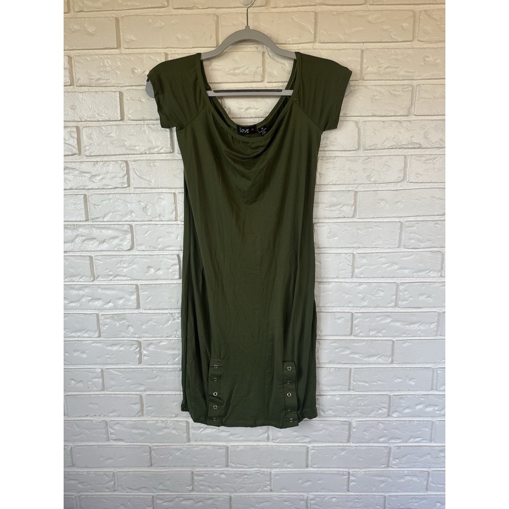 Love Heart Olive‎ Green Dress Women M Short Sleeve Scoop Back Stretch Casual